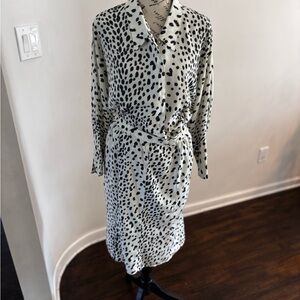 Vintage Silk Dalmatian Print Long-Sleeve Shirt and skirt set- Cream/Black